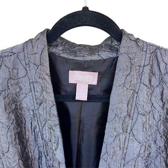 Chico's Metallic Crinkle Open Front Textured Jacket Gray Size 3 L Lined - Picture 3 of 5